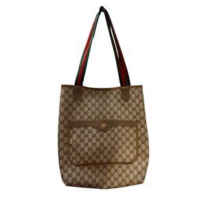 Authentic Gucci Monogram Canvas Tote Bag W/ Front Pocket & Green/Red Straps